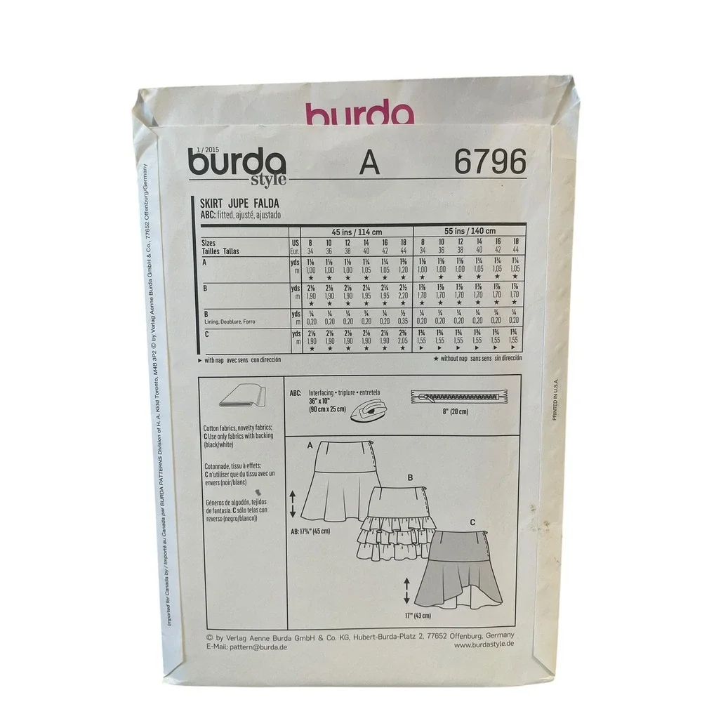 Burda 6796 Skirt Pattern Sizes US 8-18 Easy Modern Style